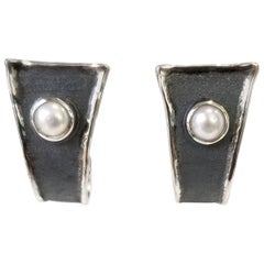 Yianni Creations 7 - 7.5 mm Pearl Fine Silver and Oxidized Rhodium Earrings