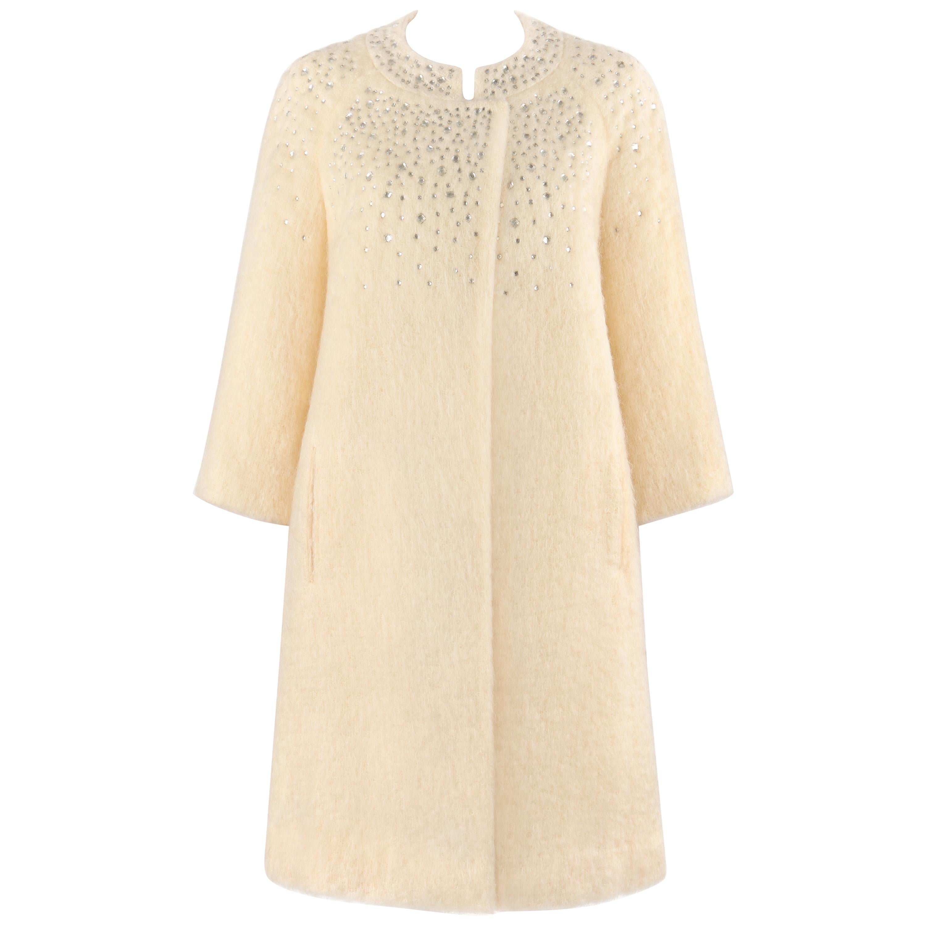 BATALDI c.1960's Ivory Mohair Crystal Rhinestone Embellished Evening Coat For Sale