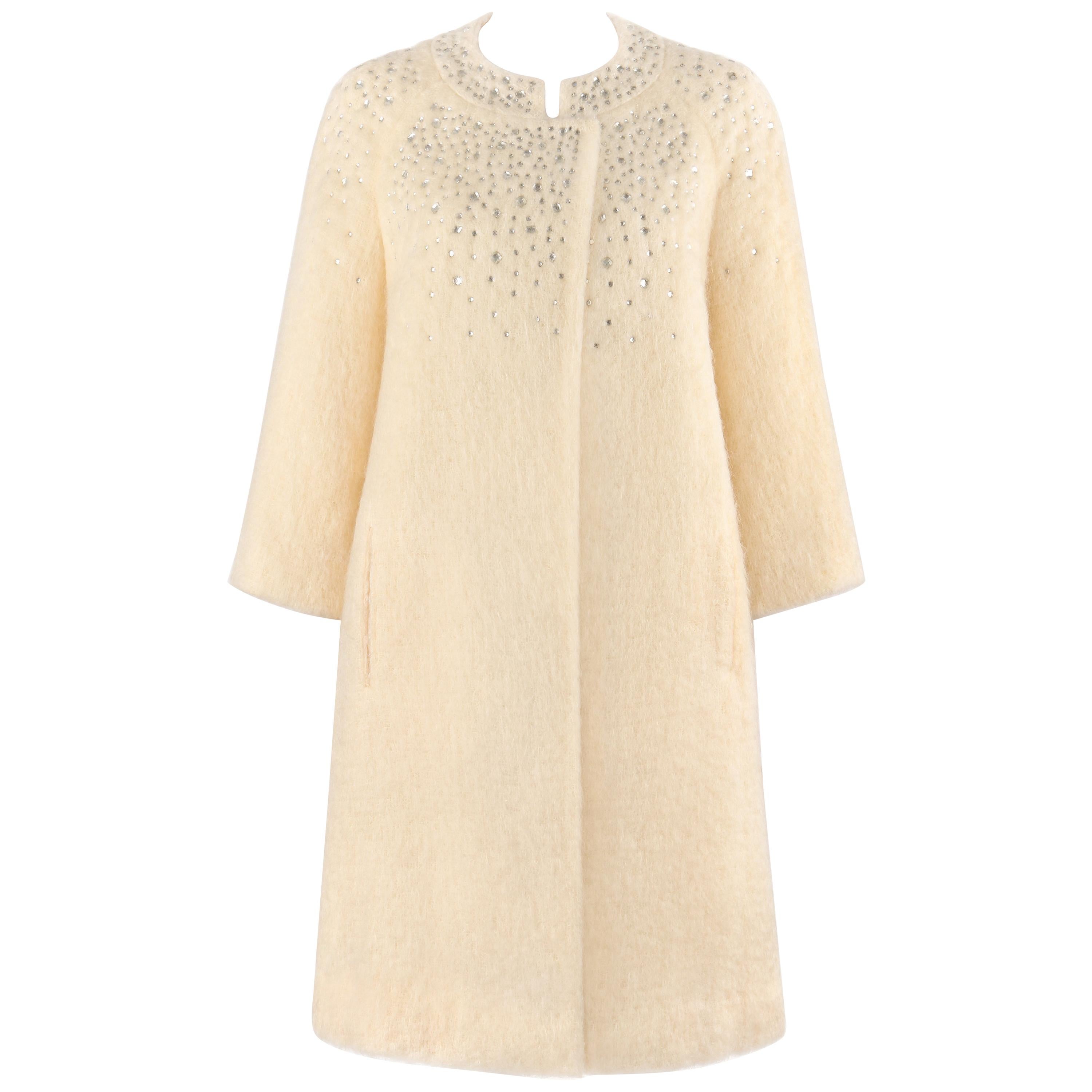 BATALDI c.1960's Ivory Mohair Crystal Rhinestone Embellished Evening Coat