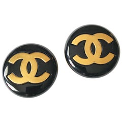 Retro Classic 1980's Chanel "CC" Black Button Earrings