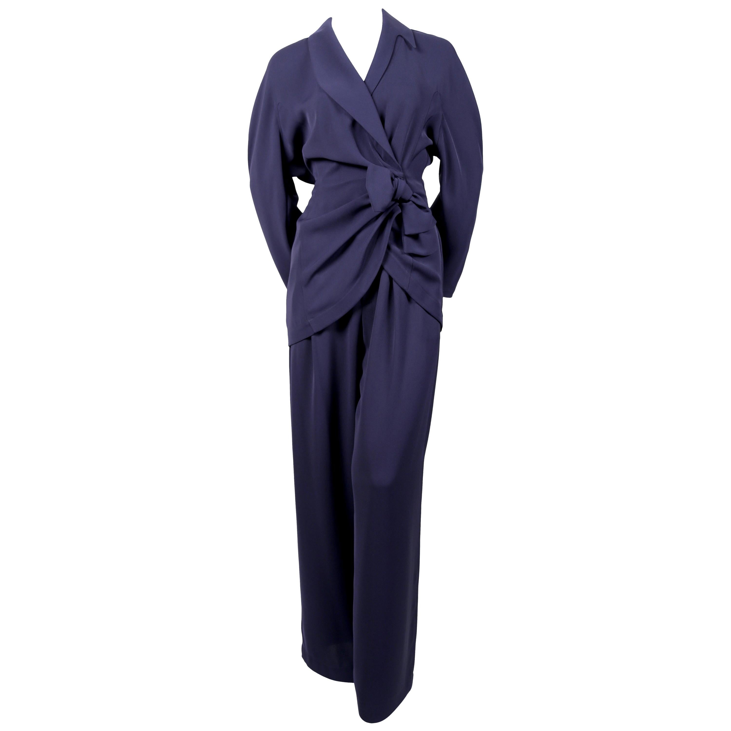 1990's THIERRY MUGLER navy blue suit with wrap jacket