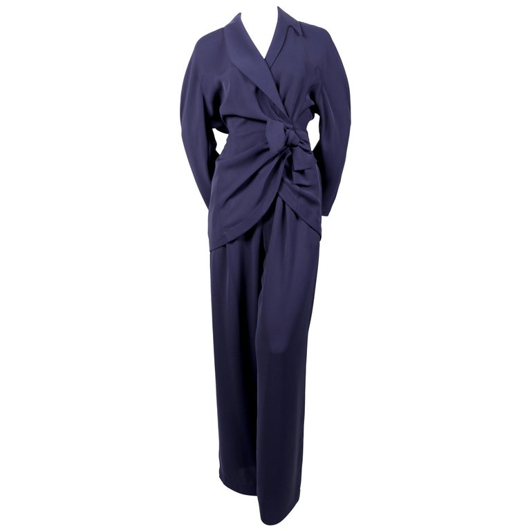 1990's THIERRY MUGLER navy blue suit with wrap jacket at 1stDibs