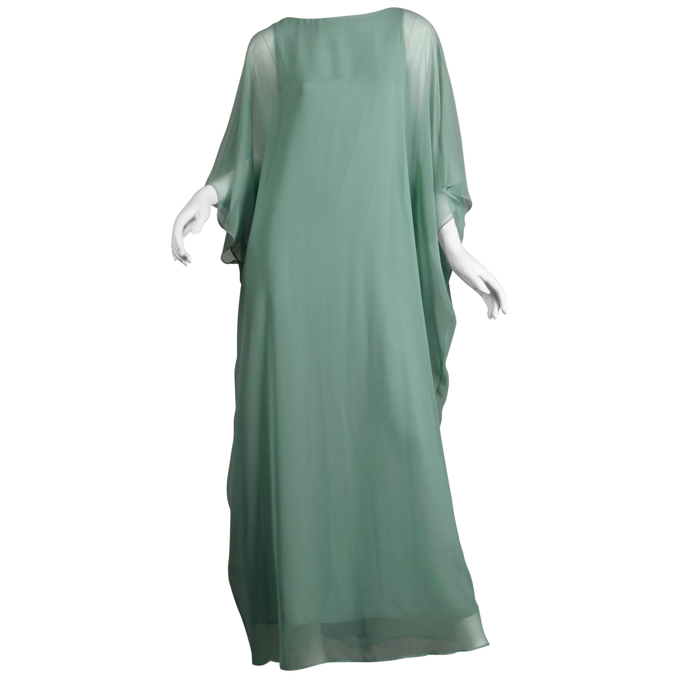 Albert Capraro Vintage Mint Sea Green Chiffon Caftan Maxi Dress or Gown, 1970s 