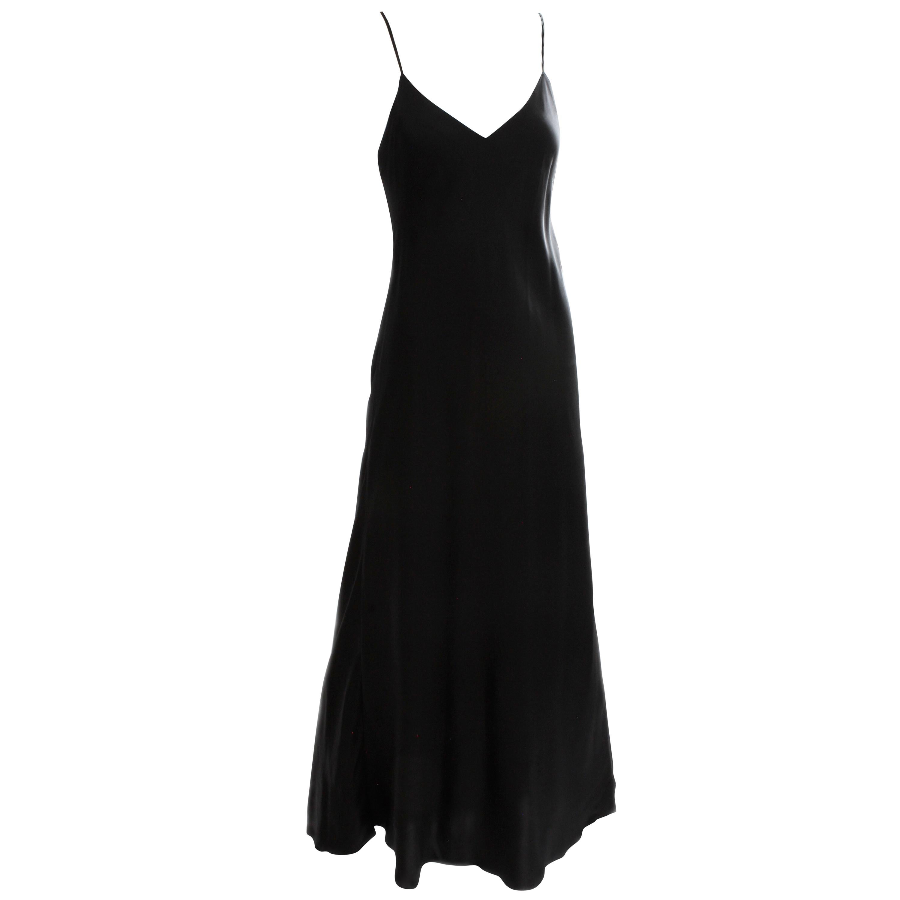 Saks Fifth Avenue Black Silk Charmeuse Slip Dress Long Gown Size M 1990s