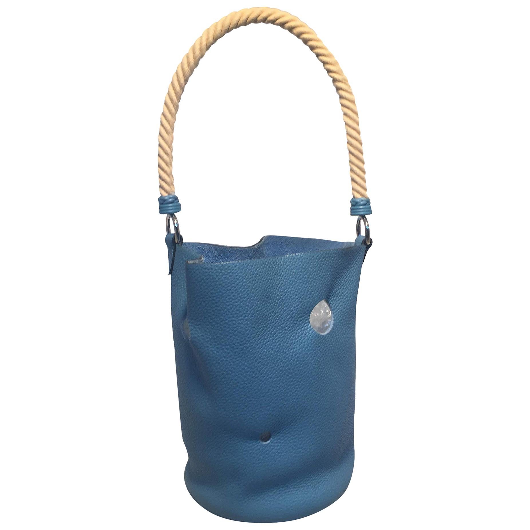 Hermes Mangeoire Blue Jean Taurillon Clemence Leather Rope Handle Bucket Bag For Sale