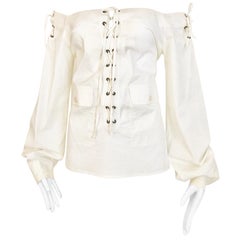 Yves Saint Laurent By Tom Ford White Cotton Off Shoulder Lace Up Blouse ...