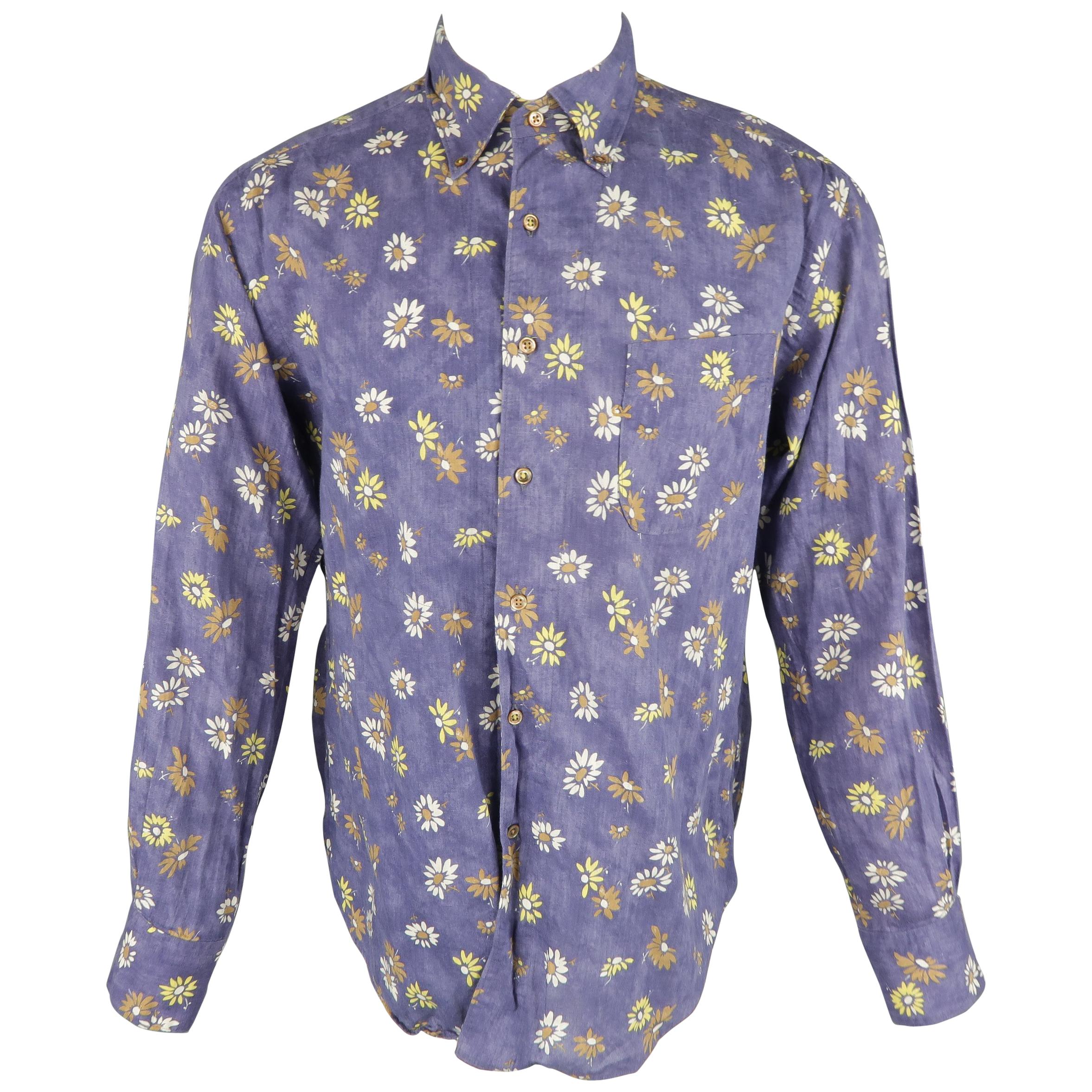 45rpm Size L Blue Tie Dye Wash Floral Print Cotton / Linen Long Sleeve Shirt