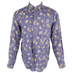 45rpm Size L Blue Tie Dye Wash Floral Print Cotton / Linen Long Sleeve Shirt