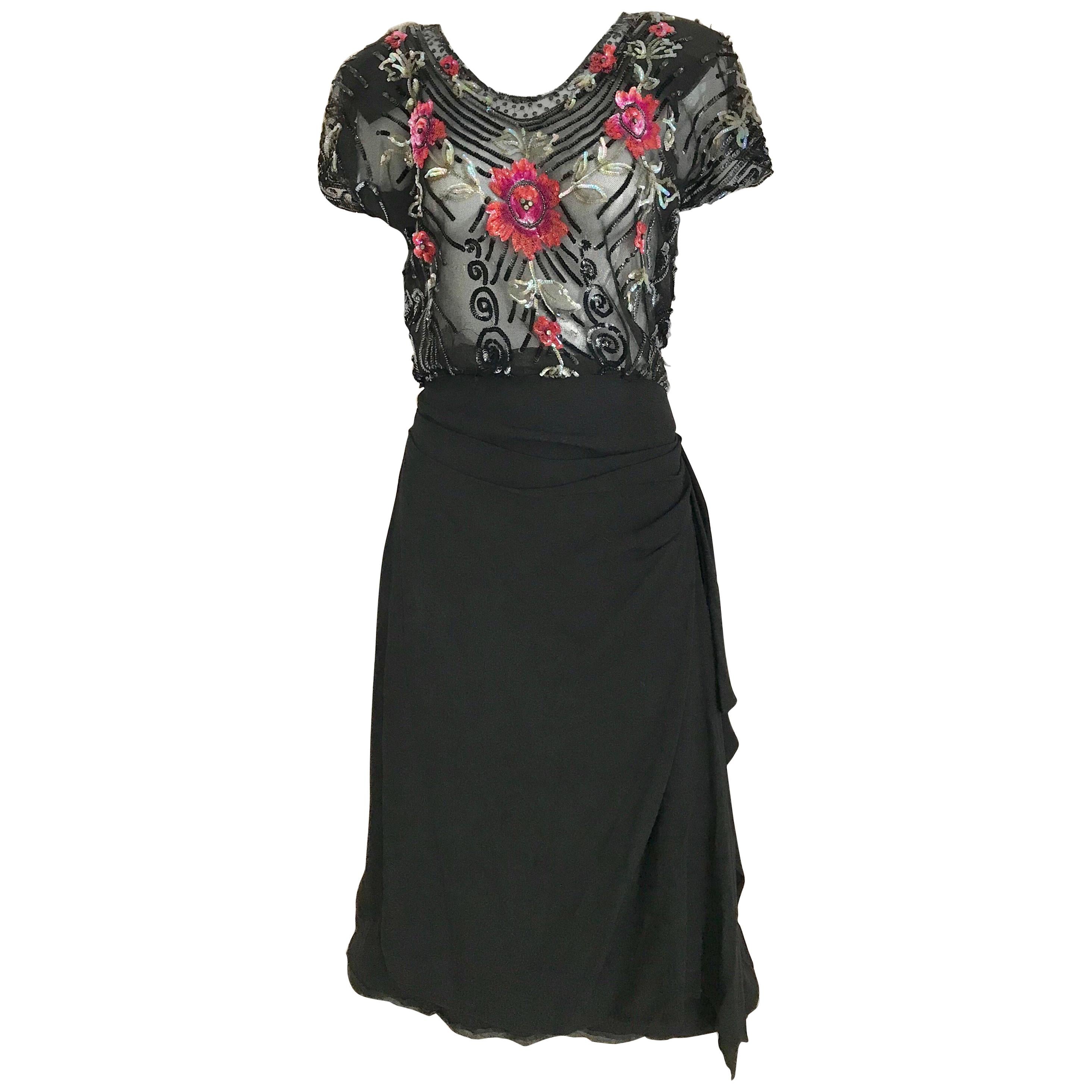 1930s Black Embroidered Sequin Crepe Cocktail Dress 