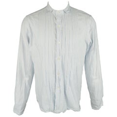 45rpm Size L Blue & White Stripe Cotton Spread Collar Pleated Long Sleeve Shirt