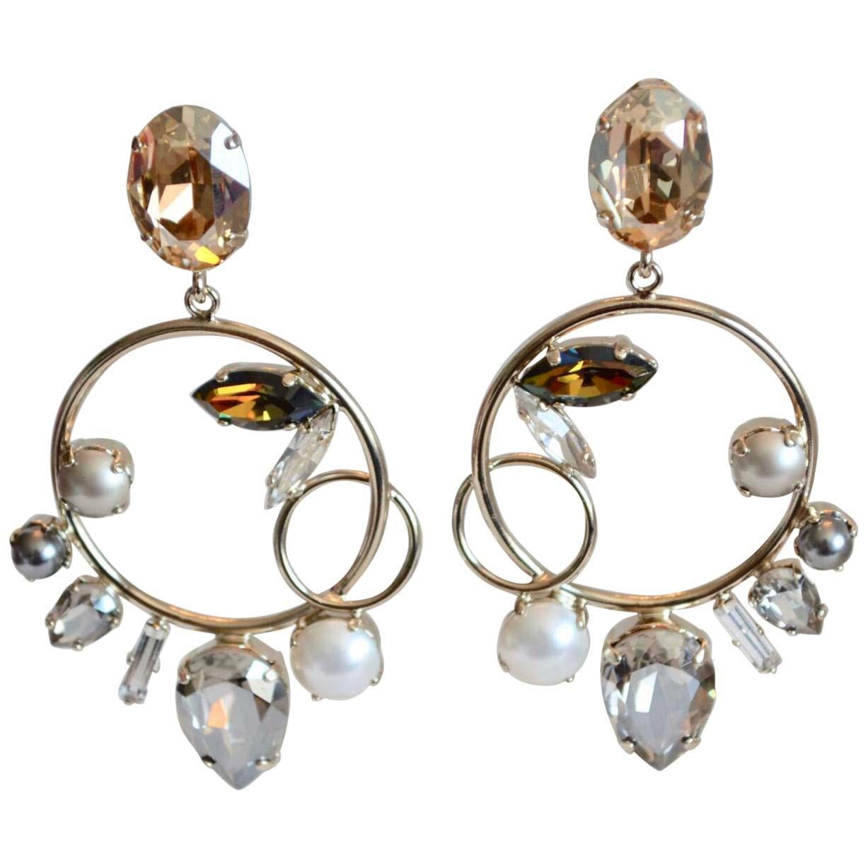 Philippe Ferrandis Swarovski Crystal and Gold Drop Loop Clip Earrings