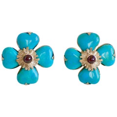 Goossens Paris Turquoise Clover Clip Earrings with Garnet Center