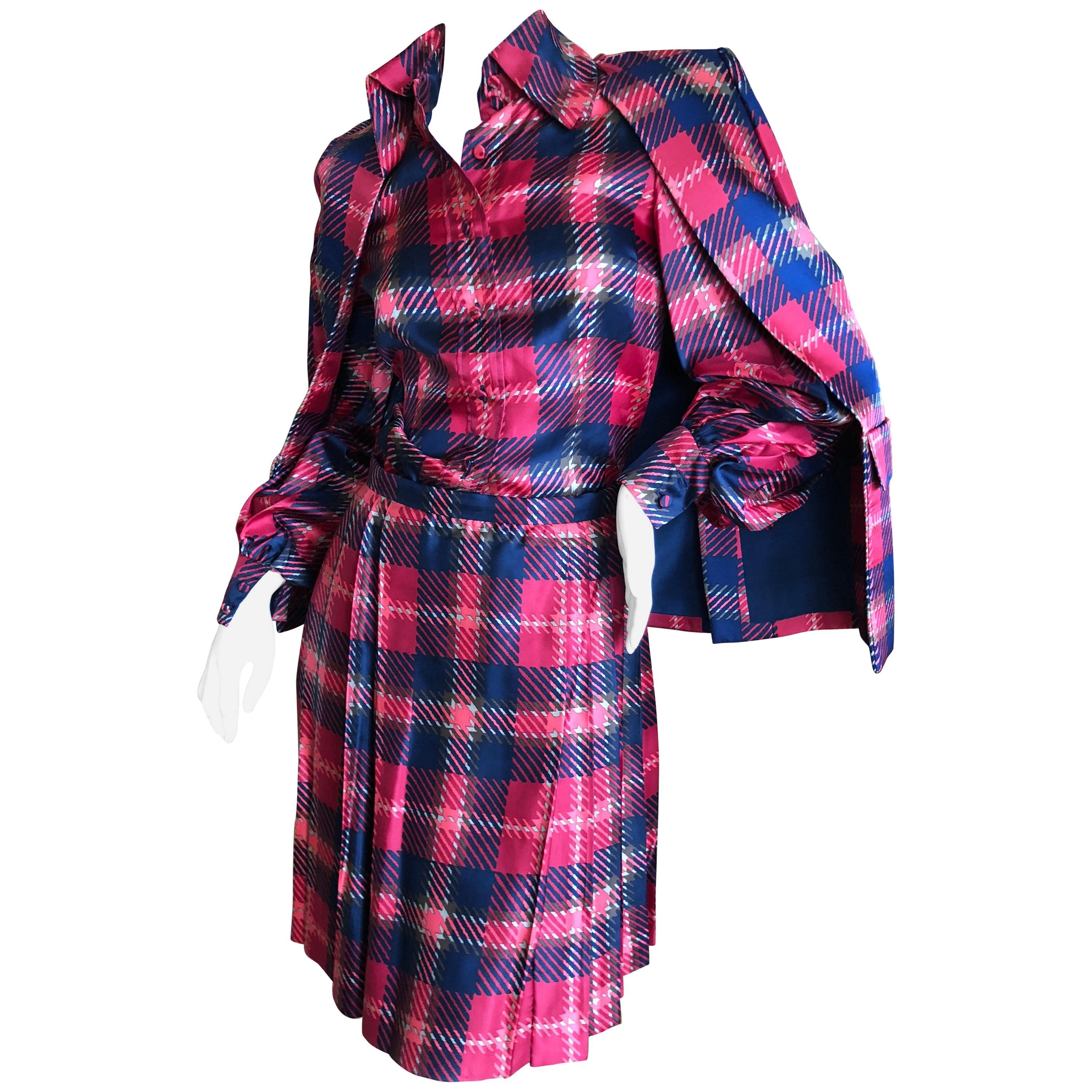 Cardinali Plaid Silk Three Piece Skirt Suit with Jacket Fall 1972 For Sale