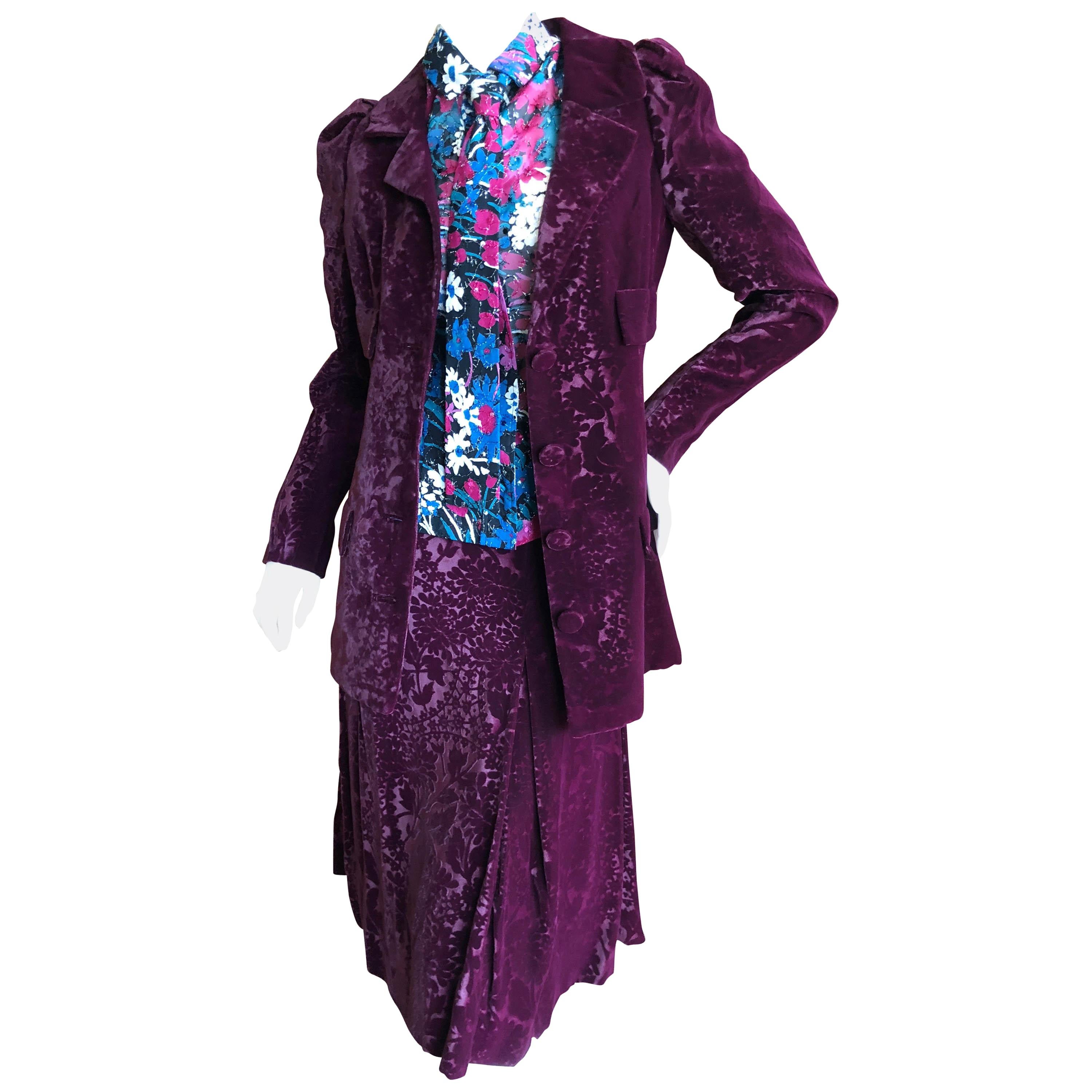 Cardinali Purple Silk Devore Velvet Three Piece Skirt Suit with Jacket Fall 1972 For Sale