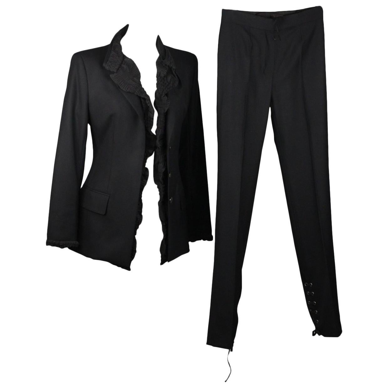 Yves Saint Laurent Black Wool Pant Suit with Ruffles Size 36
