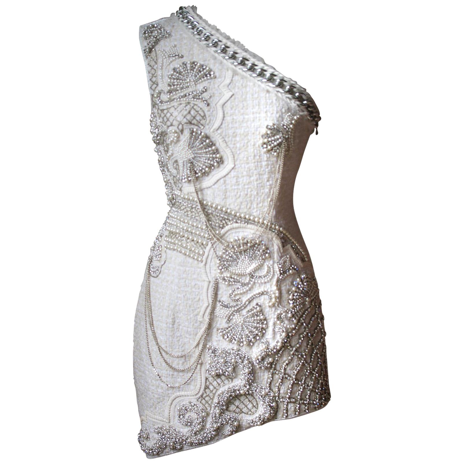Balmain Crystal and Pearl Embellished One-Shoulder Dress