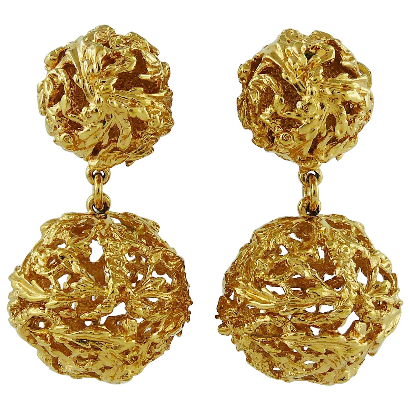 Yves Saint Laurent YSL Vintage Gold Toned Ball Dangling Earrings