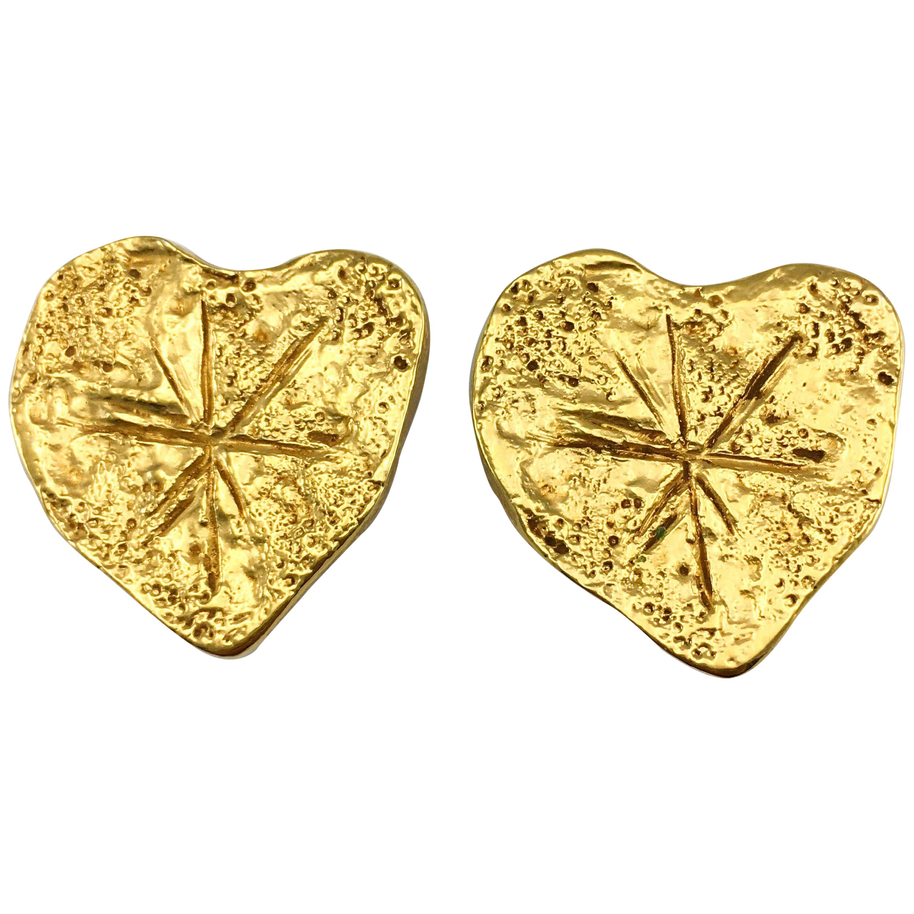 1994 Christian Lacroix Gold-Plated Modernist Heart Earrings For Sale