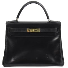 Awesome Vintage Hermes Kelly 28 Black Box Leather Bag