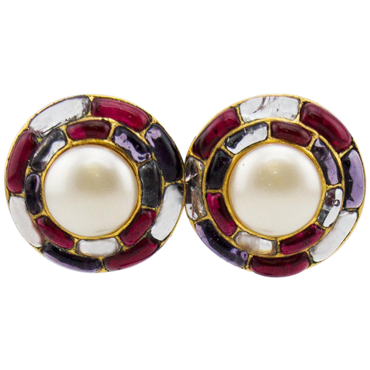 1994 Fall Chanel Poured Glass and Pearl Circle Earrings