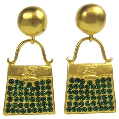 1990s Karl Lagerfeld Gilt and Glass Handbag Earrings New Never Worn