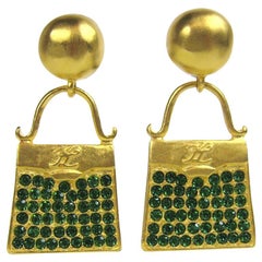 1990s Karl Lagerfeld Gilt and Glass Handbag Earrings New Never Worn 