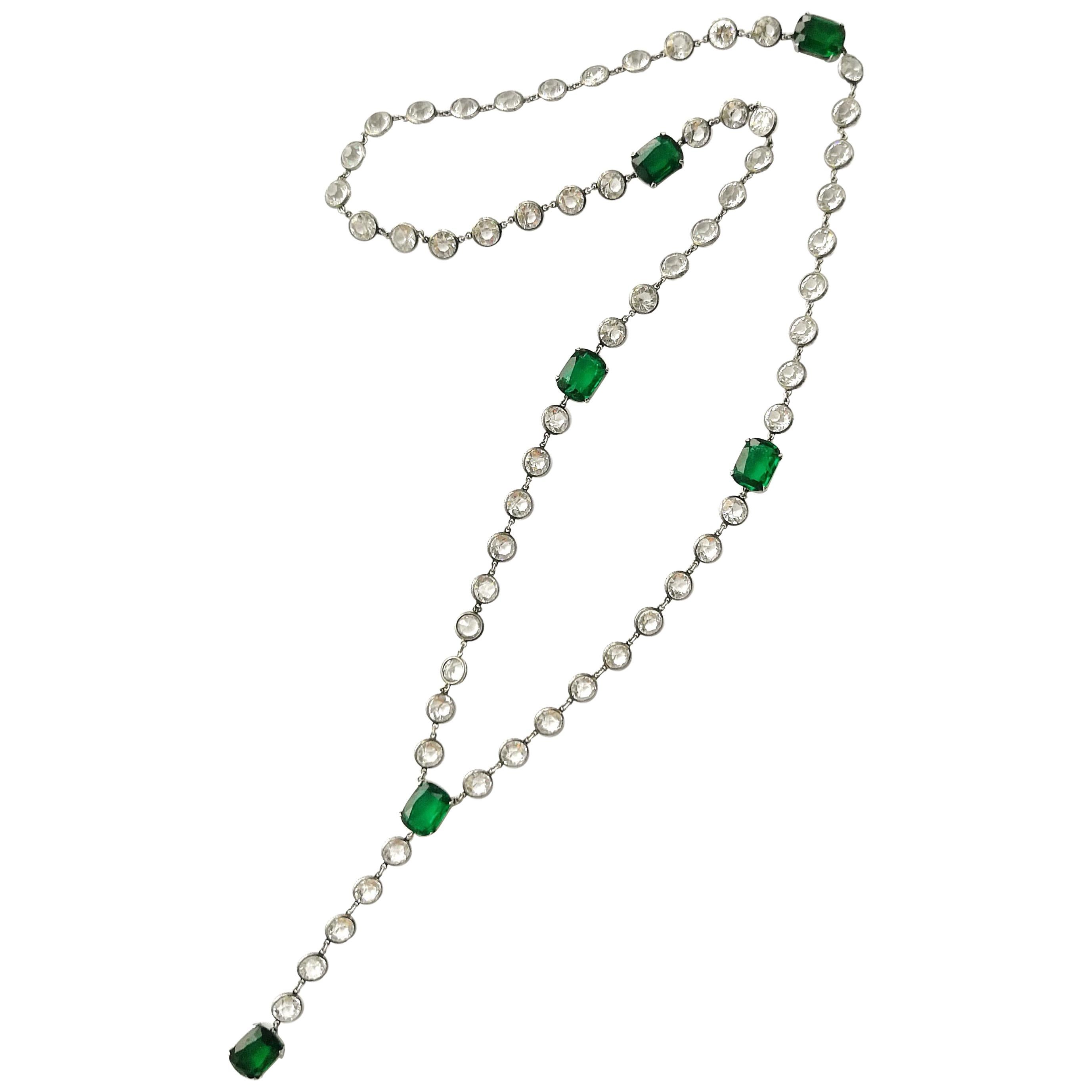 Silver/ emerald glass and clear crystal sautoir necklace, France, 1920s