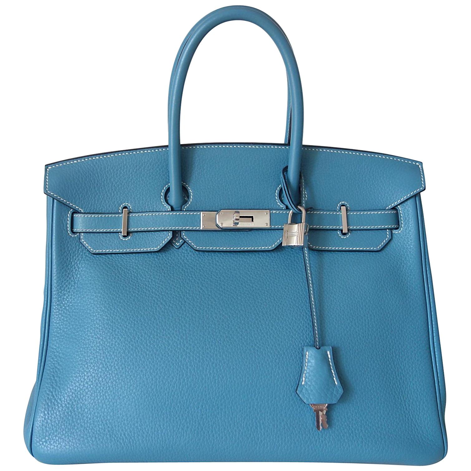 Hermès Taurillon Clemence Bleu Jean PHW 35 cm Birkin Top Handle Bag