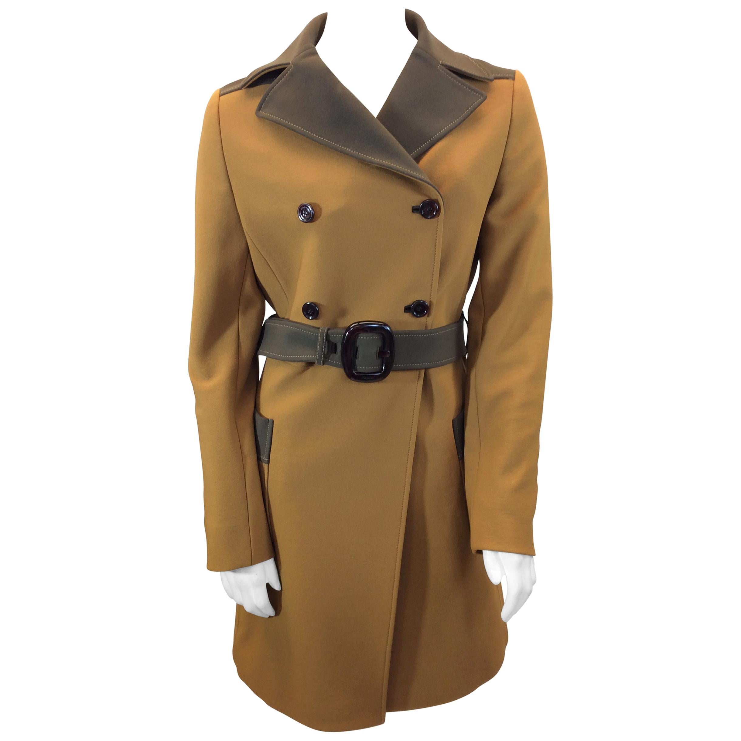 Prada Tan and Brown Belted Coat For Sale