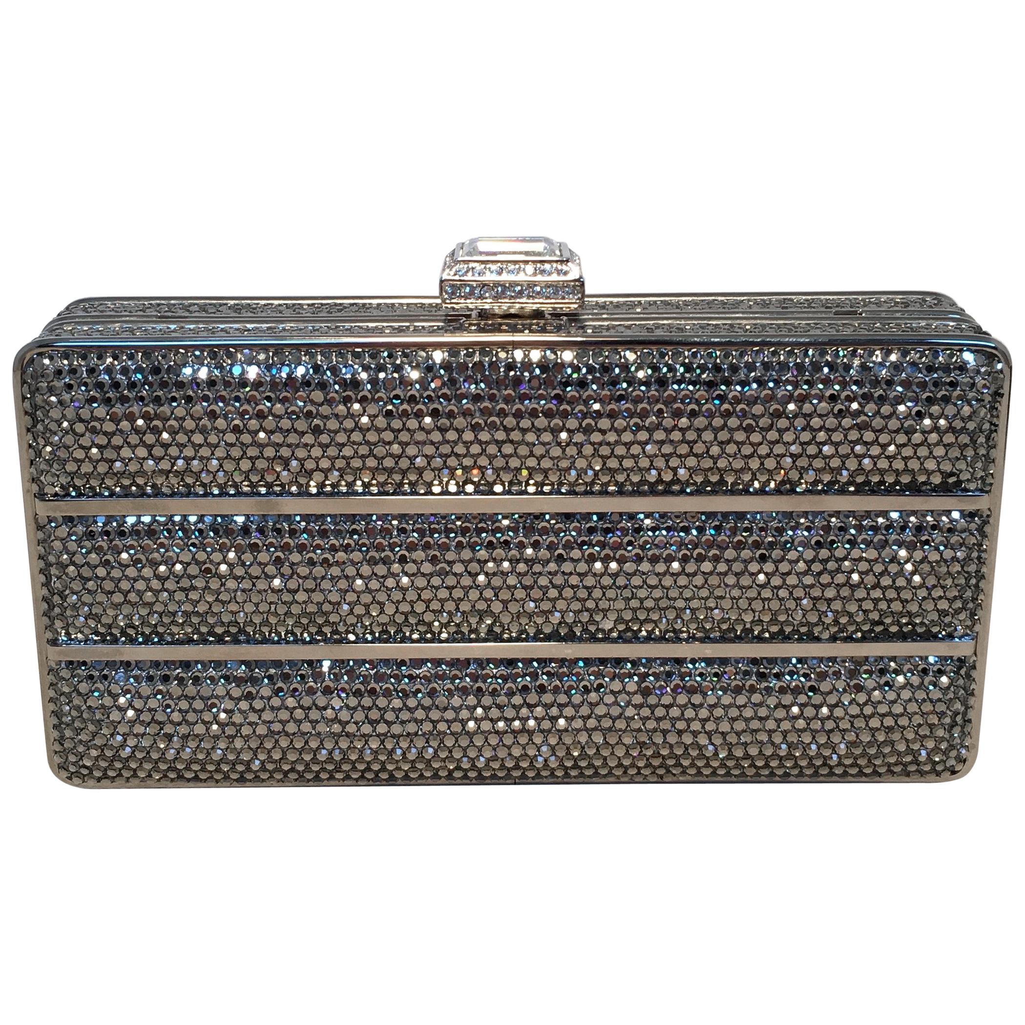 Judith Leiber Silver Swarovski Crystal Stripe Minaudiere Evening Bag Clutch