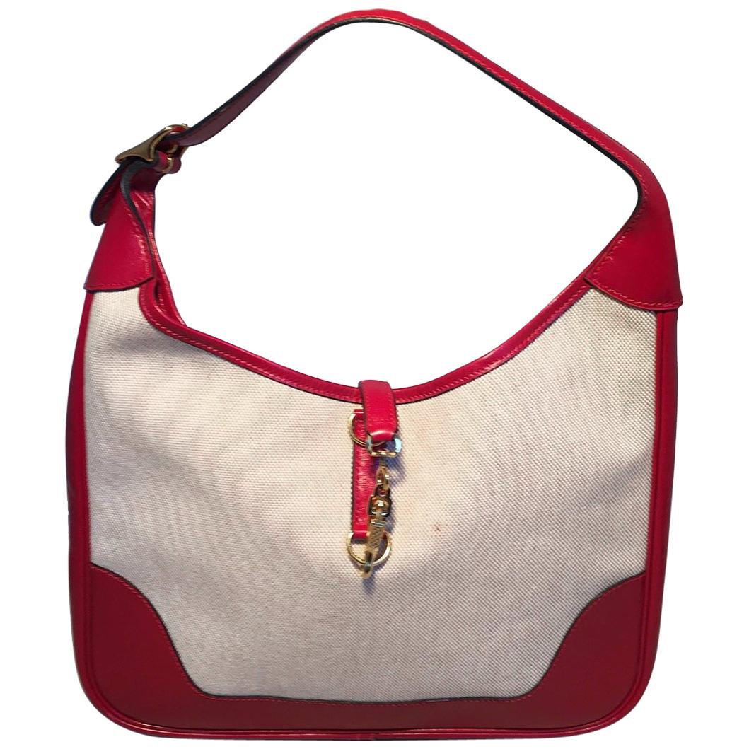 Hermes vintage Canvas and Red Leather Trim Shoulder Bag at 1stDibs