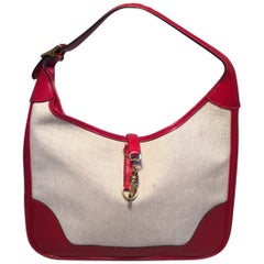 Hermes Vintage Canvas and Red Leather Trim Shoulder Bag