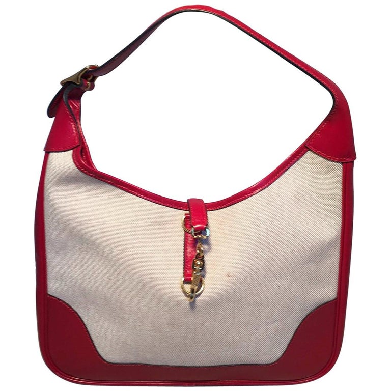 Hermes vintage Canvas and Red Leather Trim Shoulder Bag at 1stDibs