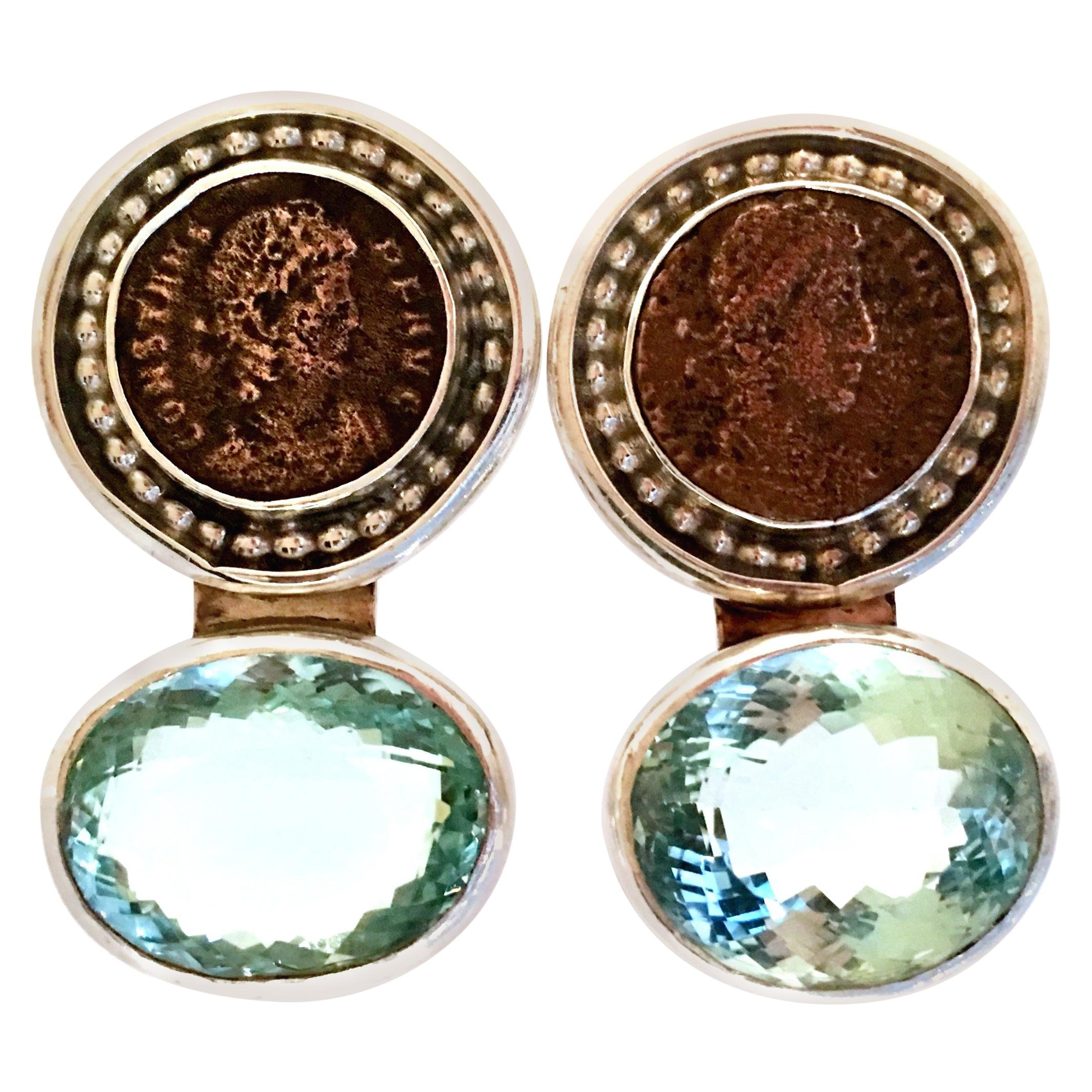 20th Century 925 Sterling & Aquamarine Roman Coin Earrings By, Rebecca Collins