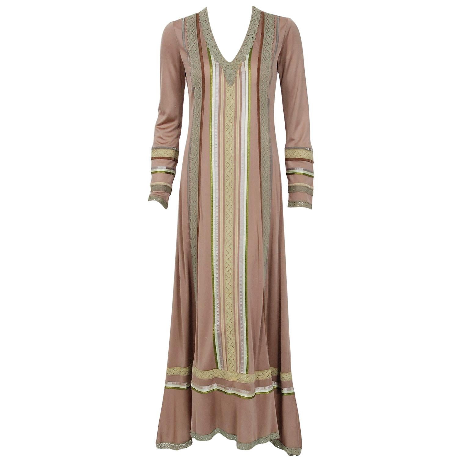 1975 Sant' Angelo Taupe Jersey Knit Ribbon Lace Applique Bohemian Maxi Dress