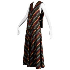 Vintage Wool Chevron Striped Metal Chain Vest Top Maxi Skirt 2-Piece Ensemble, 1970s 