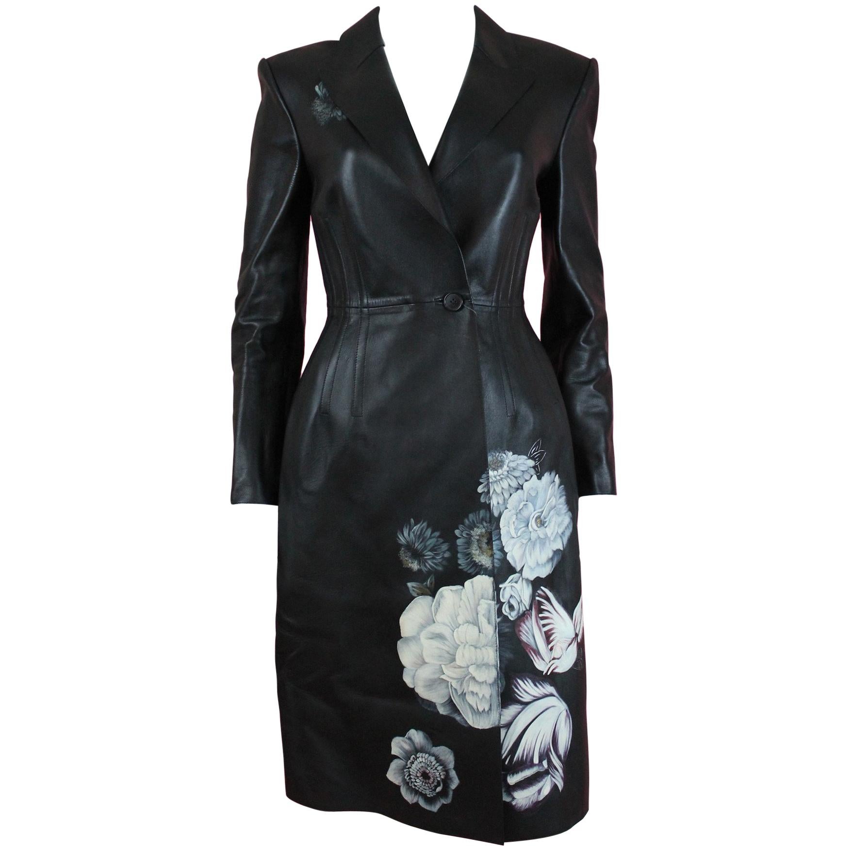 Alexander McQueen Black Lamb Leather Coat with Hand-painted Flowers, AW 16 For Sale