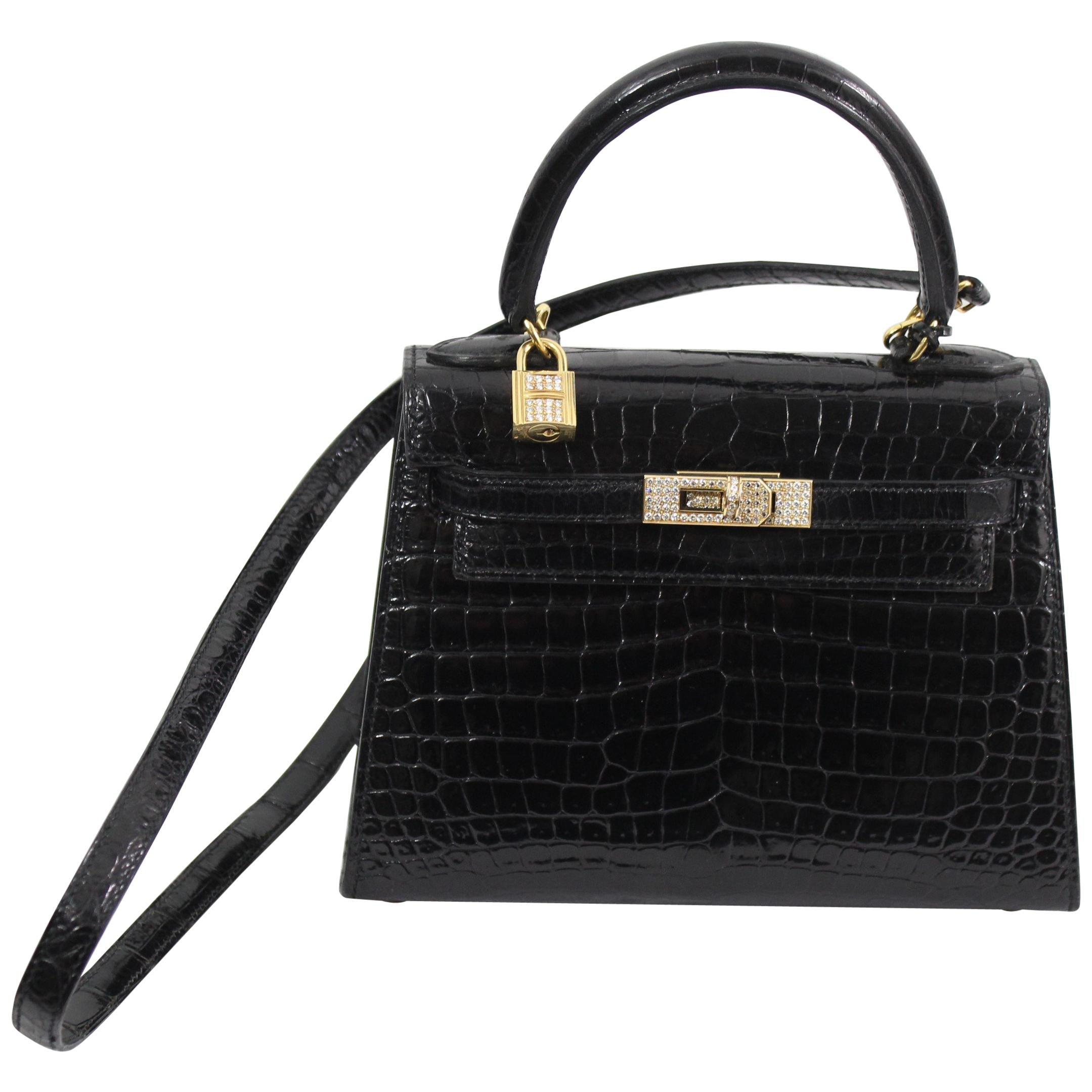 One of a Kind Hermes Kelly 20 Black Crocodile, 18k gold hardware and diamonds