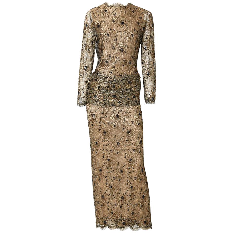 Oscar de la Renta Metallic Lace Evening Gown