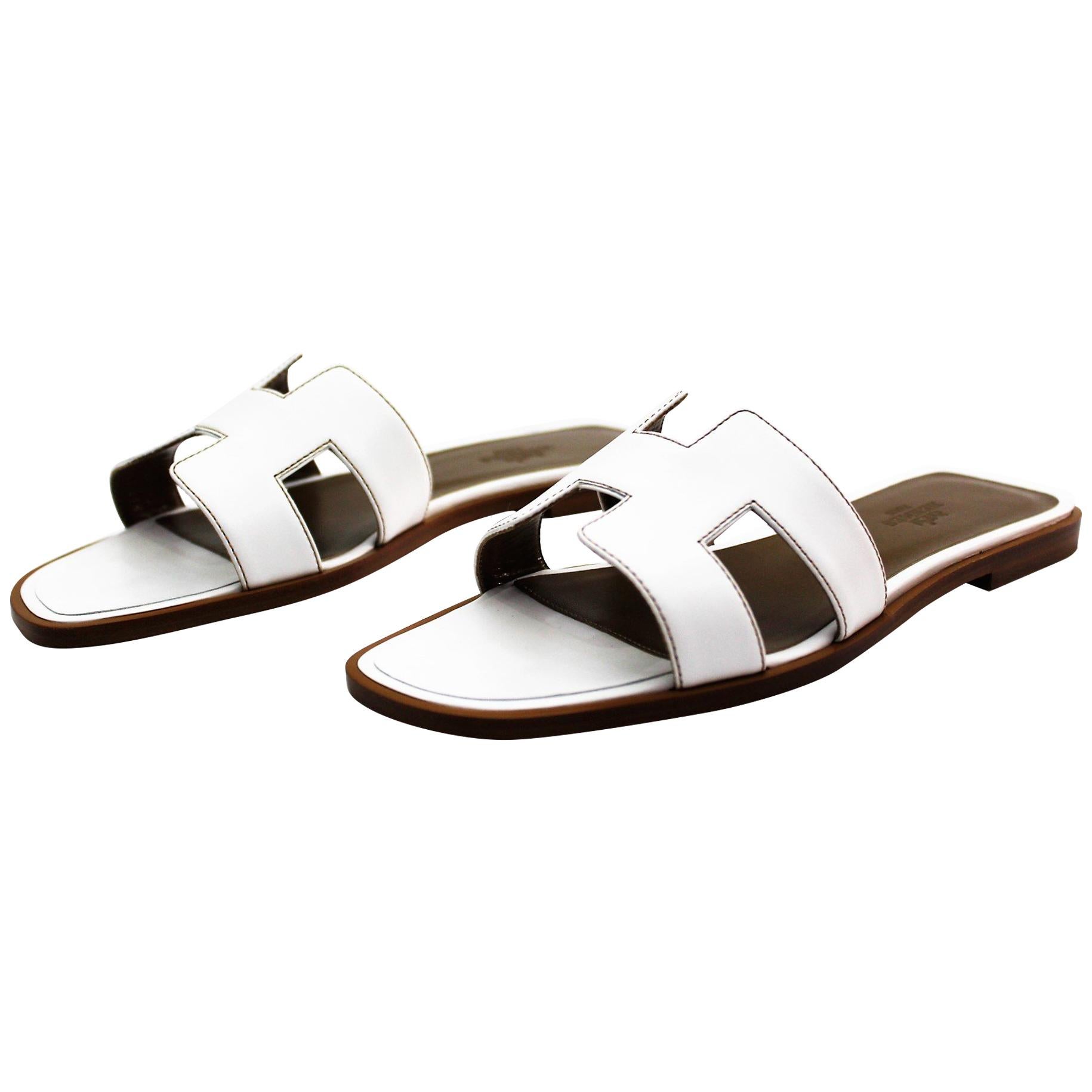 Hermes White Leather Oran Sandals