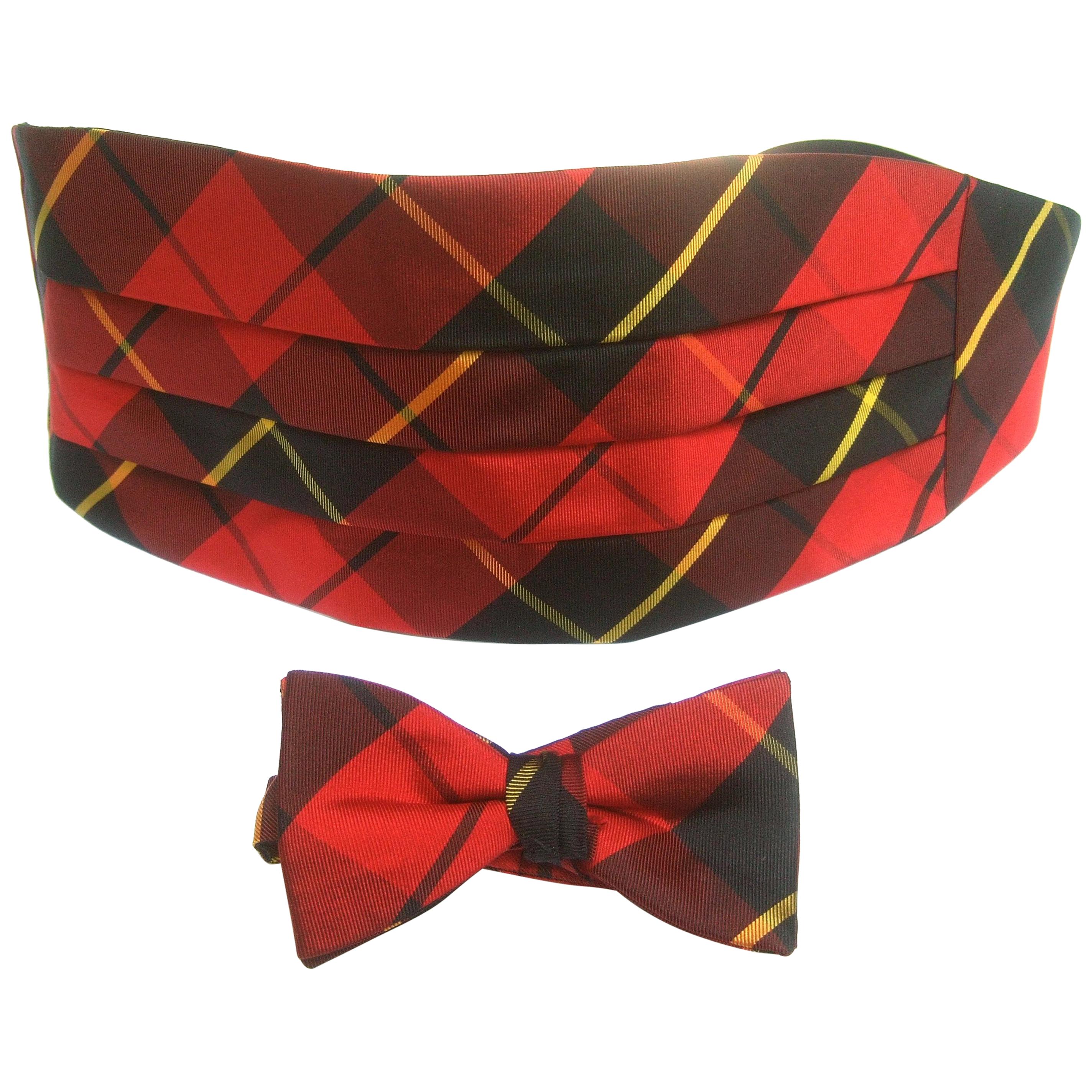 Burberry's Men's Red & Black Tartan Plaid Silk Cummerbund Bow Tie Set c 1980s 