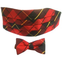 Vintage Burberry's Men's Red & Black Tartan Plaid Silk Cummerbund Bow Tie Set c 1980s 