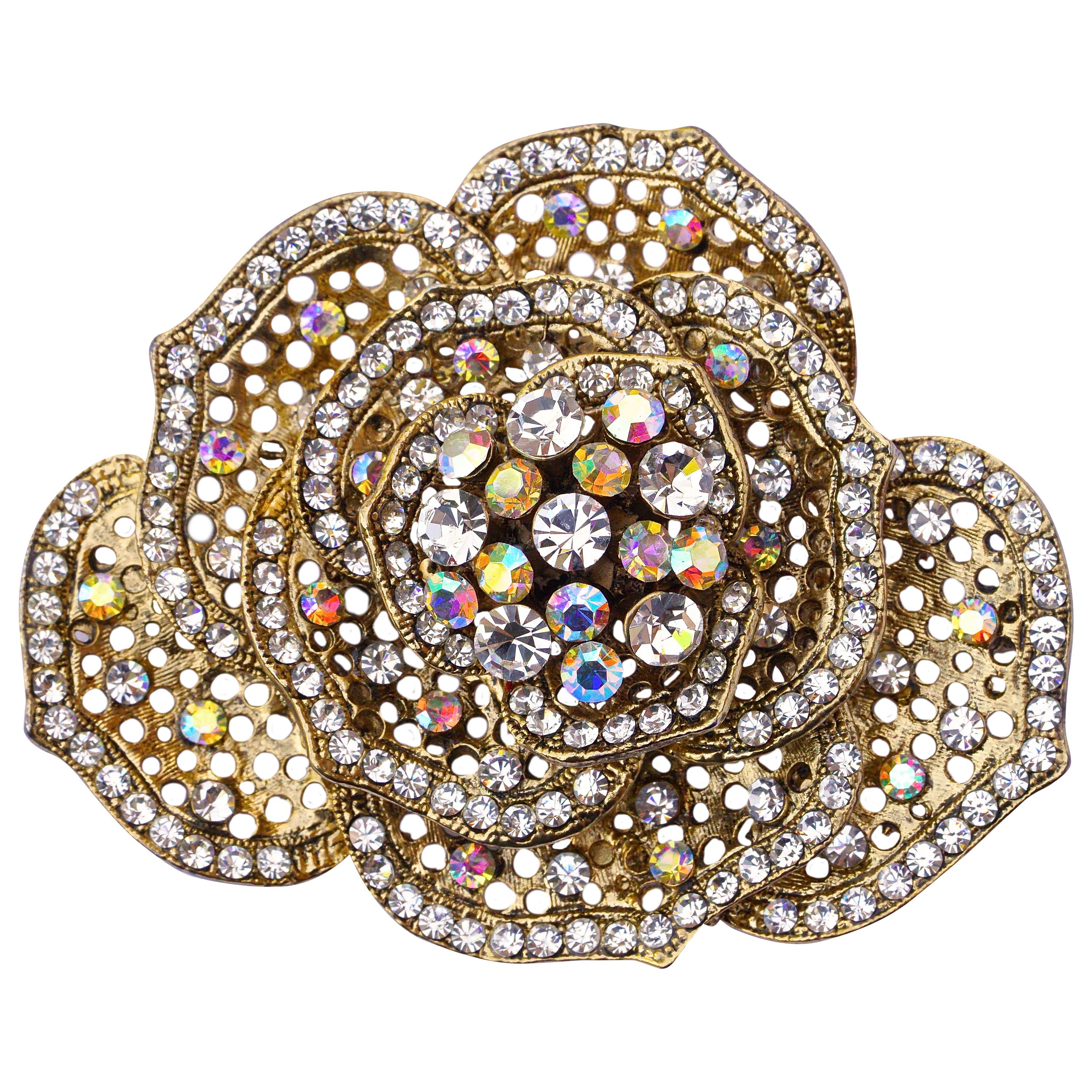 Butler & Wilson Gold Plated Flower Brooch with Clear & Aurora Borealis Crystals