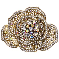 Retro Butler & Wilson Gold Plated Flower Brooch with Clear & Aurora Borealis Crystals
