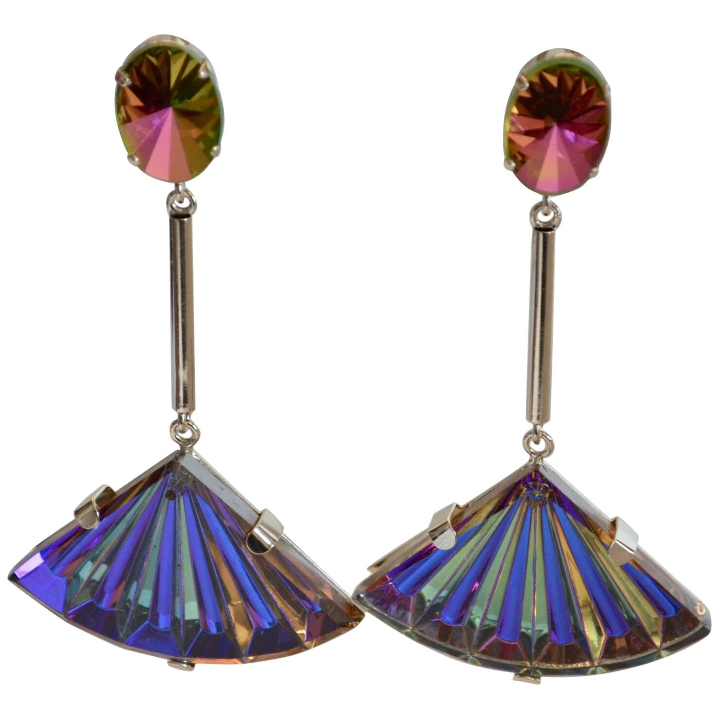 Philippe Ferrandis Vintage Glass Fan and Swarovski Crystal Clip Earrings 