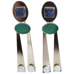 Philippe Ferrandis Palladium, Mother of Pearl, and Jade Clip Earrings