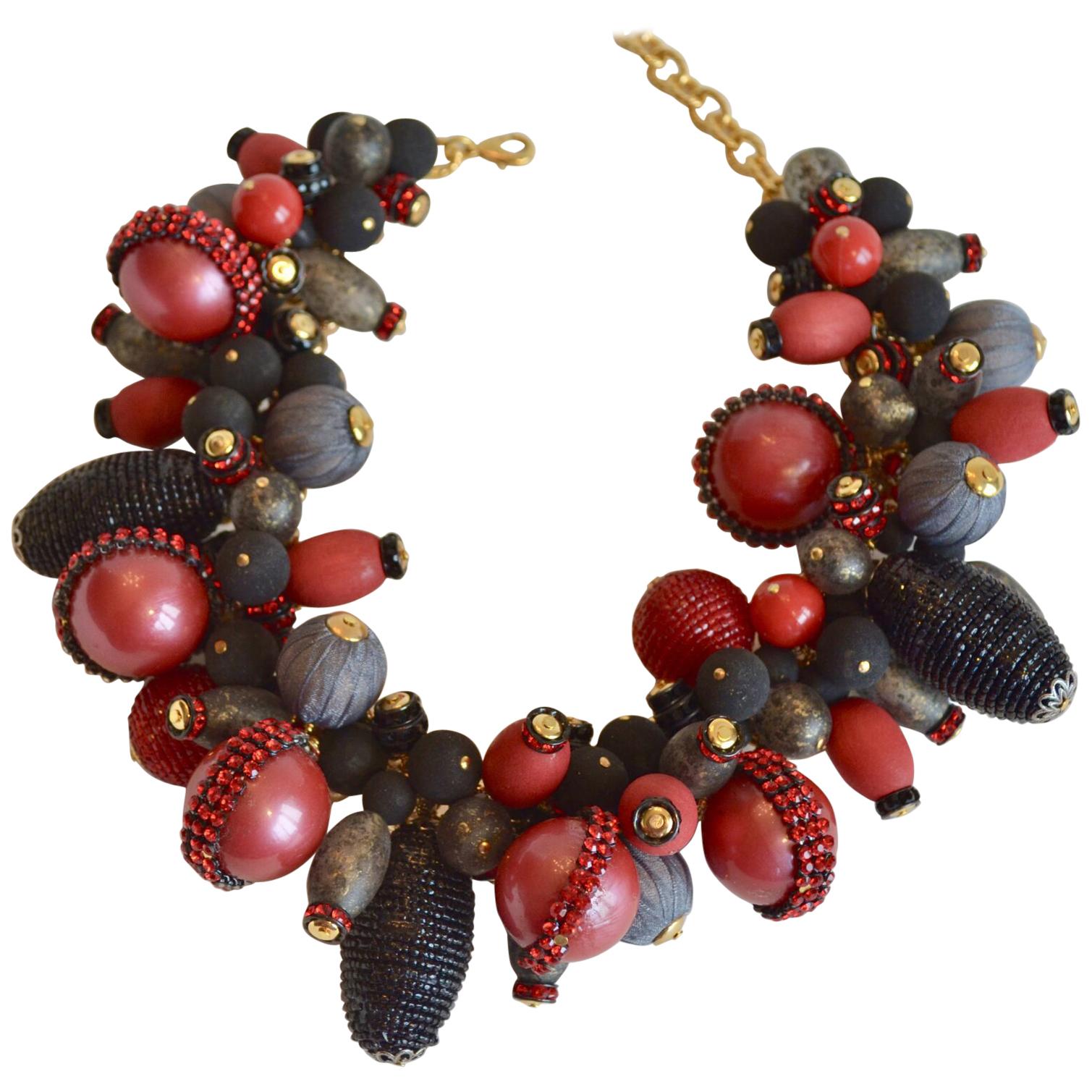 Francoise Montague Red, Grey, and Black Statement Choker Necklace 