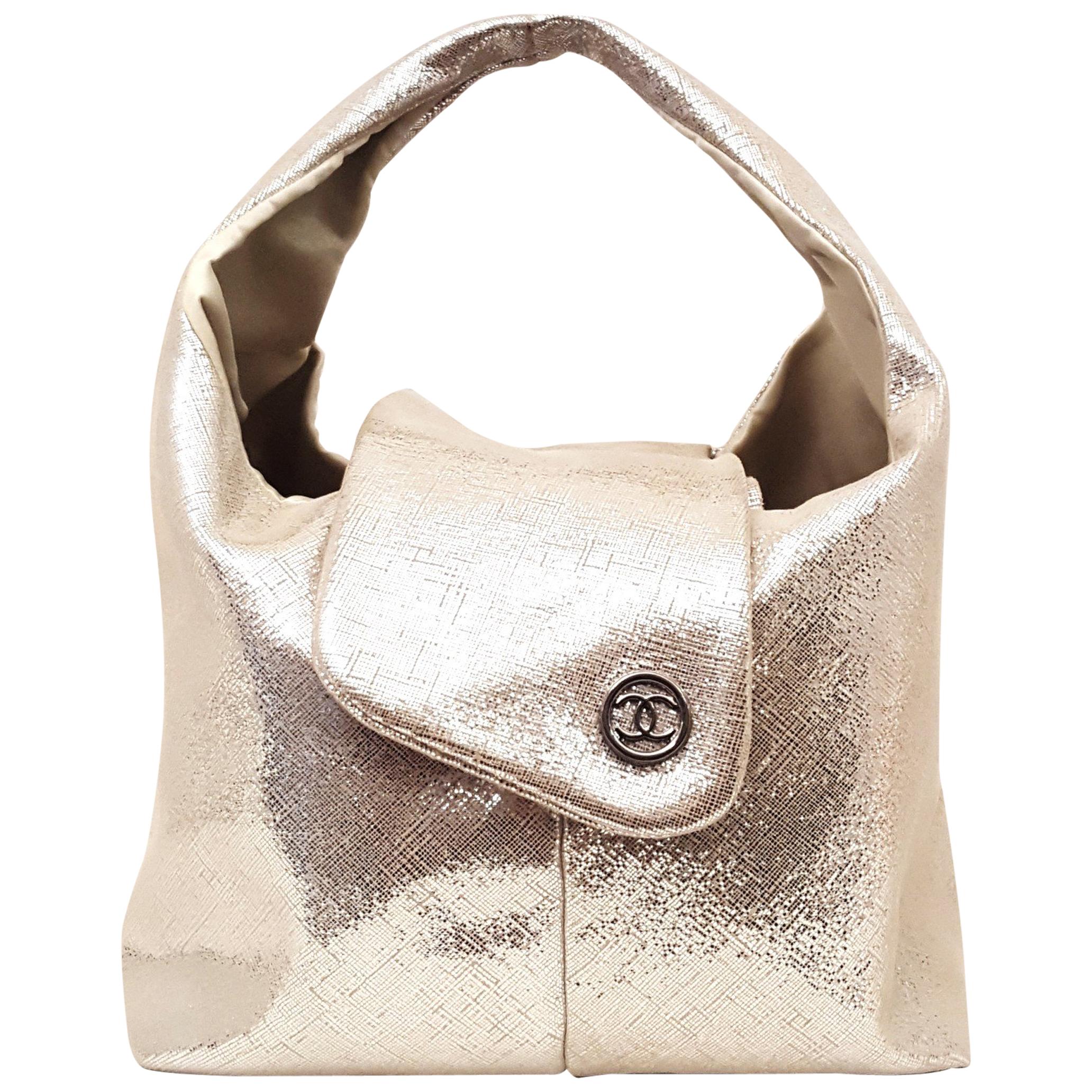 Chanel Champagne Color  Metallic Lame Mini Hobo Bag with Two Flaps for Closure