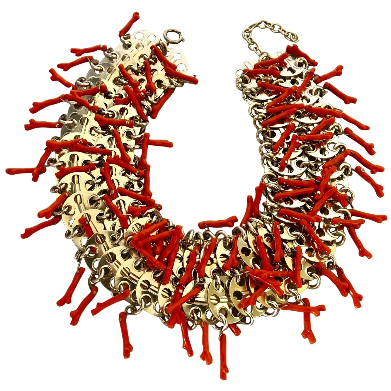 Articulated Architectural Modern Coral  Statement Bib Necklace, Italy 1960s