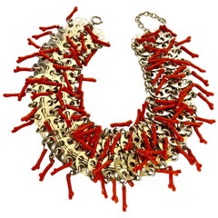 Vintage  Articulated Architectural Modern Coral  Statement Bib Necklace, Italy 1960s